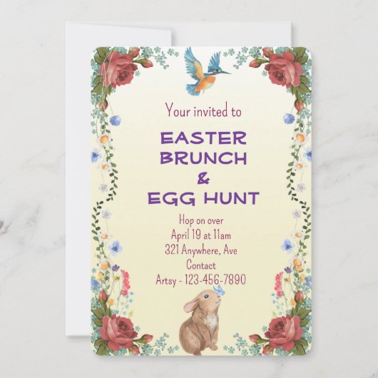 Bunny, Butterfly, Bird und Rote Rosen Einladung (Vorderseite)