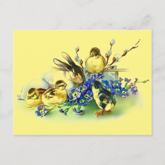 Bunny & Chicks Vintager Stil Ostern Postkarte (Vorderseite)