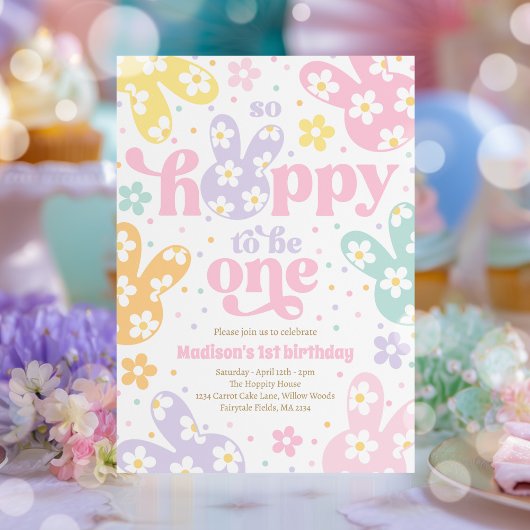 Bunny Daisy Floral Pastel Spring 1st Birthday Einladung