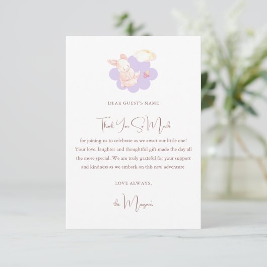 Bunny Dreams Lila Baby Dusche Dankeskarte (Stehend Vorderseite)