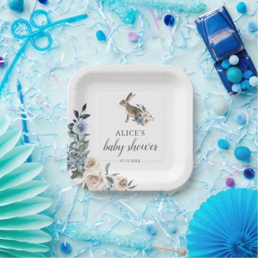 Bunny Dusty Blue Beige Blume Babydusche Pappteller (Party)