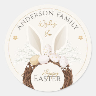 Bunny Ears Wreath Happy Easter Nest Ivory Gold Runder Aufkleber