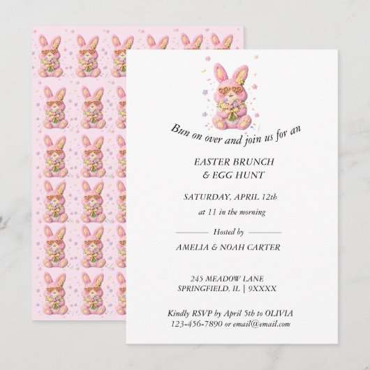 Bunny Embroidered Easter BRUNCH & HUNT Einladung (Vorne/Hinten)