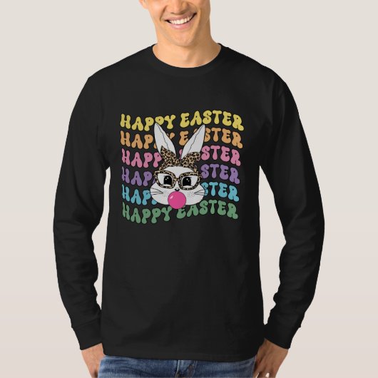Bunny Face Leopard Glasses Bubble Gum Happy Easter T-Shirt (Vorderseite)