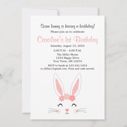 Bunny First Birthday Party Einladung (Vorderseite)