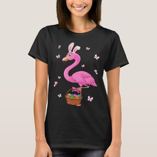 Bunny Flamingo Bringing Eggs Basket Happy Easter D T-Shirt (Vorderseite)