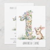 Bunny Floral 1. Geburtstag Einladung (Vorne/Hinten)