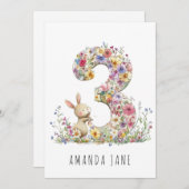 Bunny Floral 3. Geburtstag Einladung (Vorne/Hinten)