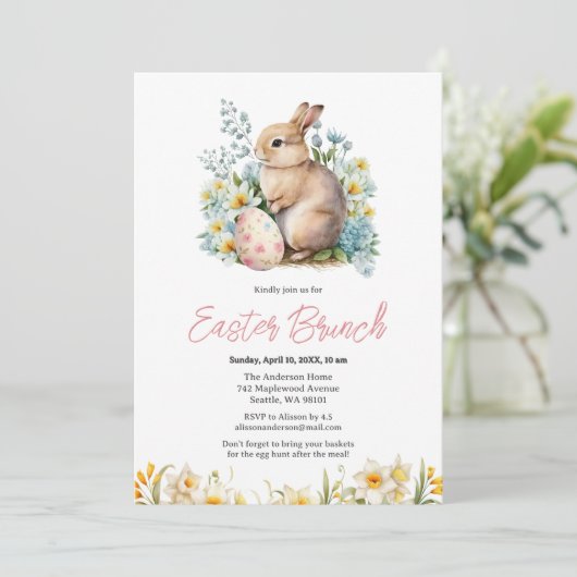 Bunny & Floral Egg Einladung (Stehend Vorderseite)