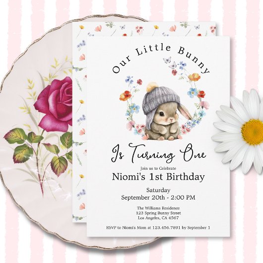 Bunny Floral First Birthday Invitation Einladung