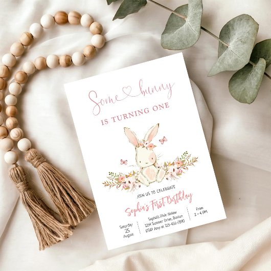 Bunny Floral First Birthday Invitation Einladung