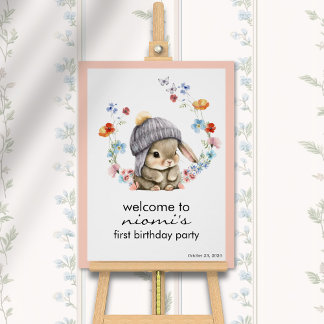 Bunny Floral First Birthday Welcome Sign Poster