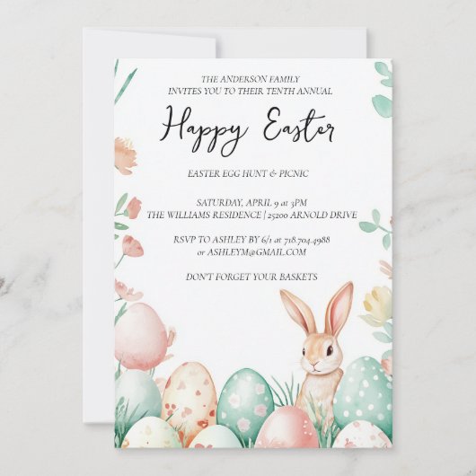 Bunny Floral und Eier weiß glückliche Ostern Einladung (Vorderseite)