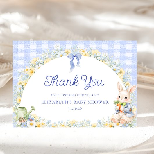 Bunny Gingham Blue Baby Shower Thank You  Card Karte