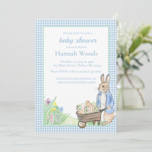 Bunny Gingham Spring Easter Baby Dusche Einladung (Stehend Vorderseite)