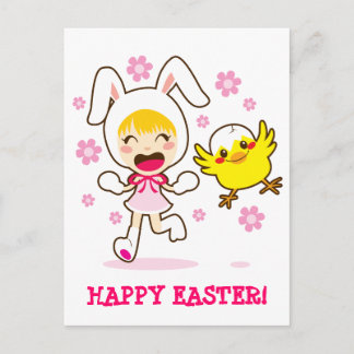 Bunny Girl and Little Chick Feiertagspostkarte