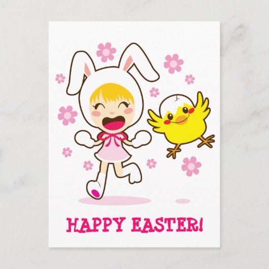 Bunny Girl and Little Chick Feiertagspostkarte (Vorderseite)