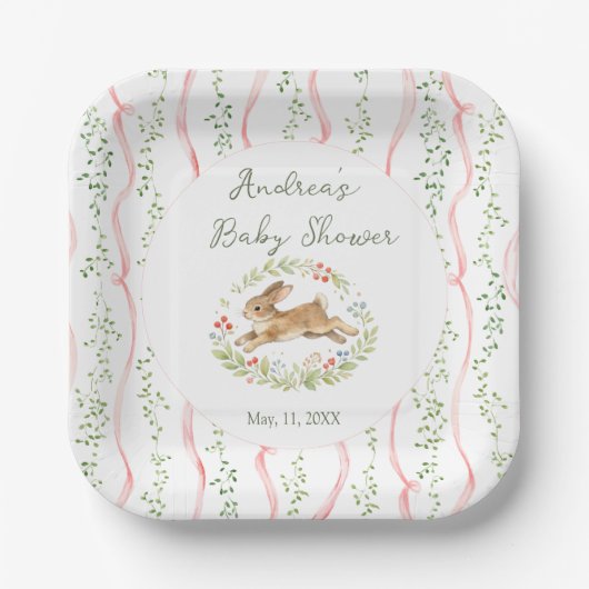 Bunny Girl Floral Pink Bow Baby Shower  Pappteller (Vorderseite)
