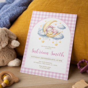 Bunny Girl Mond Stern Rosa Gingham Baby Shower  Einladung