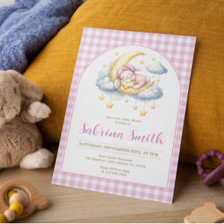Bunny Girl Mond Stern Rosa Gingham Baby Shower Einladung
