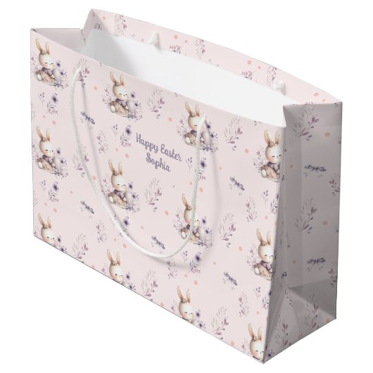 Bunny Girl Personalisiert Name Rosa Lila Ostern Große Geschenktüte (Rückseite Schrägansicht)
