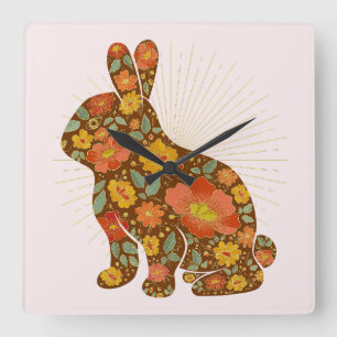 Bunny Gold Glitzer Floral Pink Brown Quadratische Wanduhr