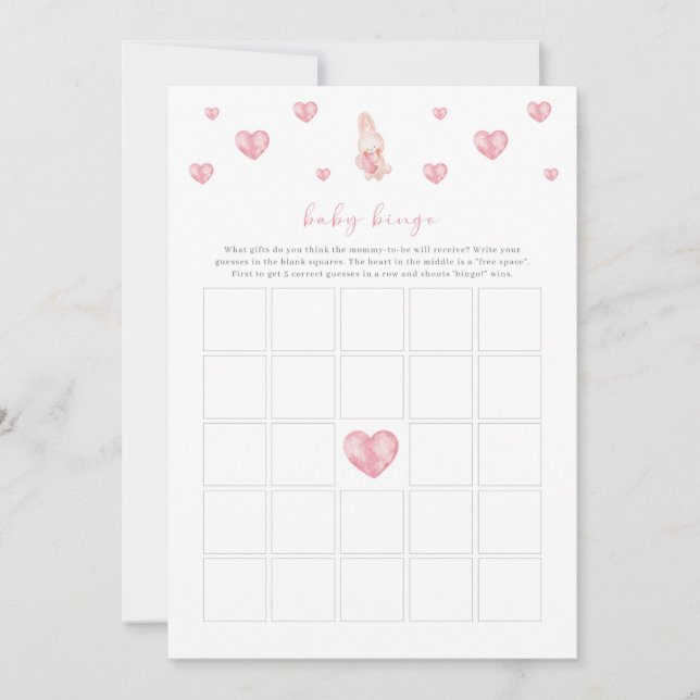 Bunny Heart Valentine Baby Dusche Bingo Spiel (Vorderseite)