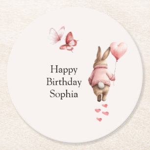 Bunny Herz Ballon Rosa Schmetterlinge Geburtstag Runder Pappuntersetzer