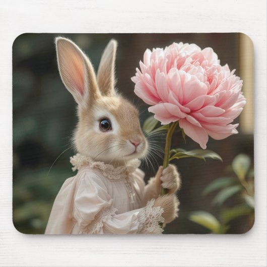 Bunny Holding a Pink Peony Mousepad (Vorne)