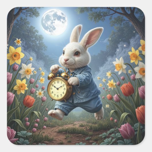 Bunny Hopping With an Alarm Clock Quadratischer Aufkleber (Vorderseite)