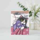 Bunny Hugz | Tuxedo Cat and Toy Bunny Illustration Postkarte (Stehend Vorderseite)