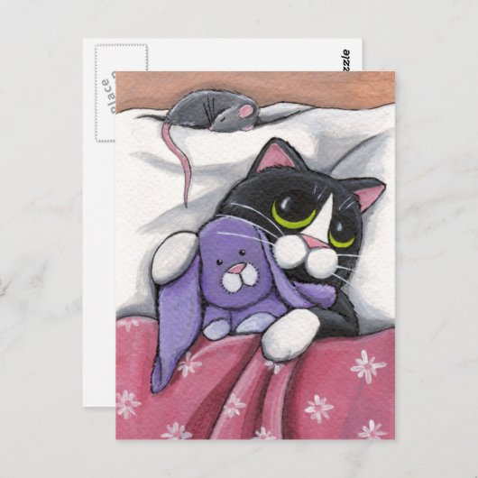 Bunny Hugz | Tuxedo Cat and Toy Bunny Illustration Postkarte (Vorne/Hinten)