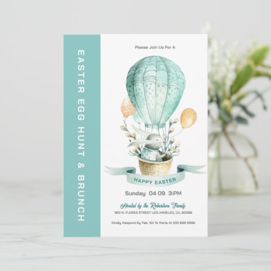Bunny in einem heißen Ballon Ei Hunt & Brunch Einl Einladung (Stehend Vorderseite)