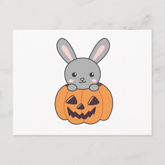 Bunny in Pumpkin Niedlich Bunnies Happy Halloween Postkarte (Vorderseite)