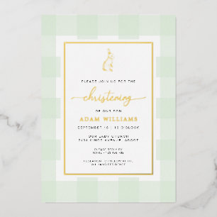 Bunny Mint Gingham Christening Foil Einladung
