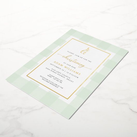 Bunny Mint Gingham Christening Foil Einladung (Gedreht)