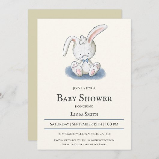Bunny mit Blue Bow Krawatte Boy Baby Dusche Einladung (Vorne/Hinten)