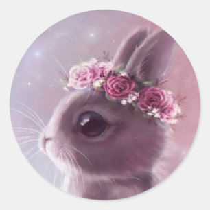 Bunny mit Blumenreath Runder Aufkleber