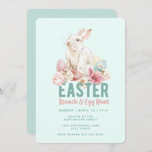 Bunny mit farbigen Eiern | Osterbrunch & Eierjagd Einladung (Vorne/Hinten)