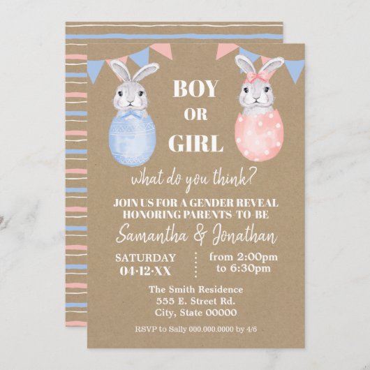 Bunny Oaster Gender Reveal Boy oder Girl Baby Show Einladung (Vorne/Hinten)