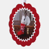 Bunny on Antique Trunk with Red Stocking Ornament Karte (Links)