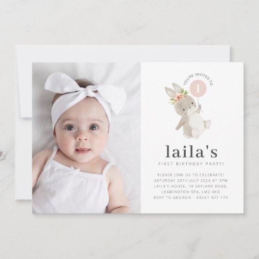 Bunny Pink Ballon Foto 1. Geburtstag Einladung (Vorderseite)