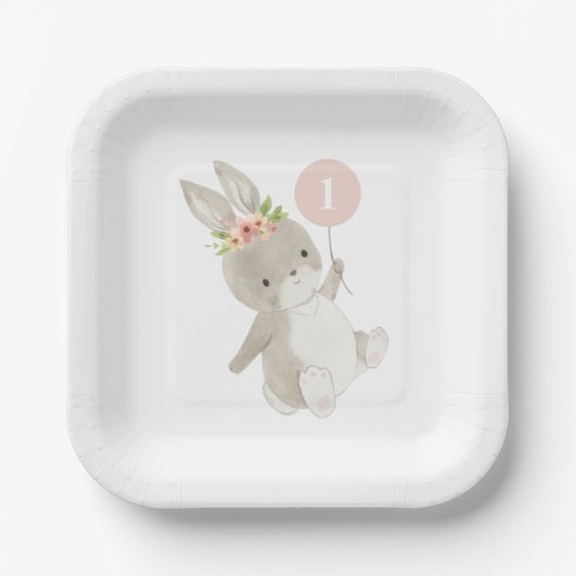 Bunny Pink Balloon 1. Geburtstag Pappteller (Vorderseite)