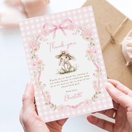 Bunny Pink Bow Gingham Baby Shower Dankeskarte