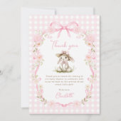 Bunny Pink Bow Gingham Baby Shower Dankeskarte (Vorderseite)