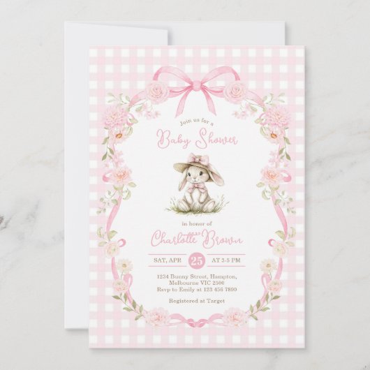 Bunny Pink Bow Gingham Baby Shower Einladung (Vorderseite)