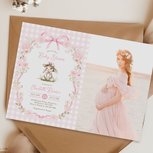 Bunny Pink Bow Gingham Baby Shower Photo Einladung