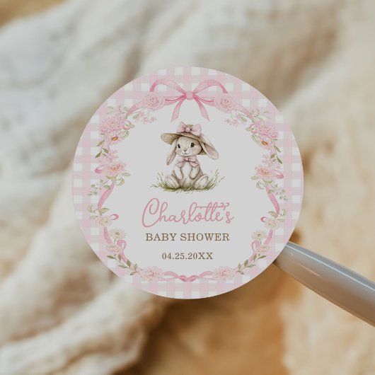 Bunny Pink Bow Gingham Baby Shower Runder Aufkleber