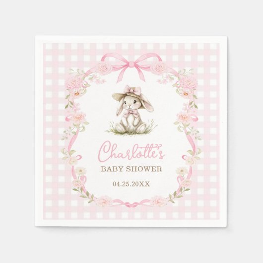 Bunny Pink Bow Gingham Baby Shower Serviette (Vorderseite)