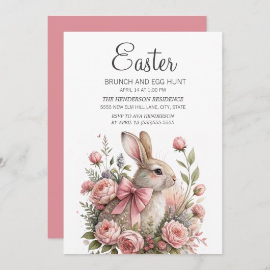 Bunny Pink Bow Osterfeige Eistour Jagd Einladung (Vorne/Hinten)